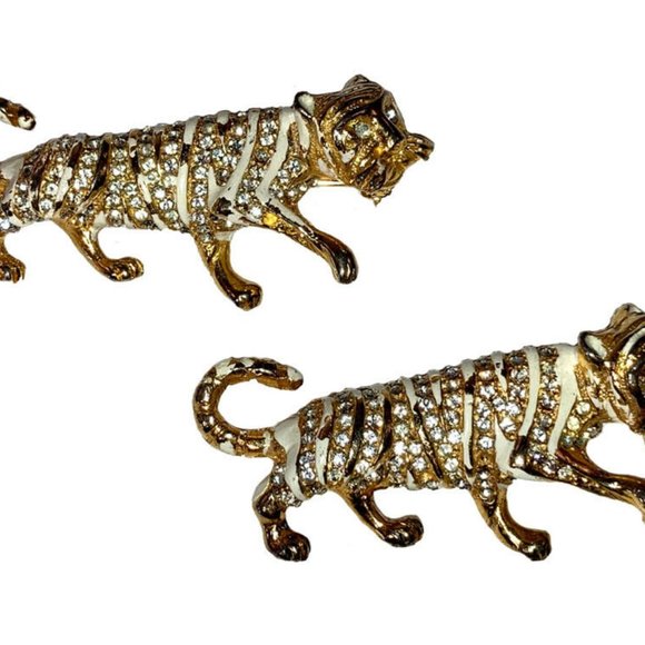Hattie Carnegie Gold Rhinestone White Enamel Lion Pins Pair
